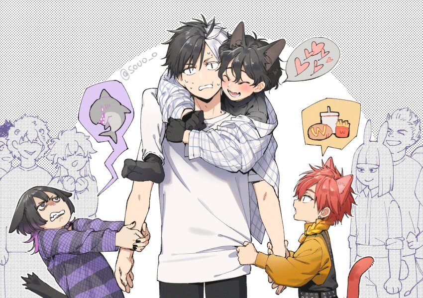 6+boys animal_ears black_hair black_pants blush cat_ears cat_tail closed_eyes highres long_sleeves male_focus multiple_boys open_mouth pants sakura_haruka_(wind_breaker) shirt short_hair soul_(tamashii) spoken_food tail takiishi_chika v-shaped_eyebrows white_shirt wind_breaker_(nii_satoru) yamato_endo