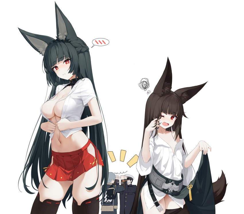 2boys 2girls animal_ears azur_lane belt black_belt black_hair black_skirt black_thighhighs braid breasts brown_hair collarbone commander_(azur_lane) commentary contrapposto cosplay costume_switch crossover dalian_(1457091741) flat_chest fox_ears fox_girl fox_tail half_up_braid highres hoshimi_miyabi large_breasts long_hair multiple_boys multiple_girls nagato_(azur_lane) navel off_shoulder one_eye_closed oversized_clothes pleated_skirt red_eyes red_skirt shirt simple_background skirt spoken_blush spoken_squiggle squiggle stomach straight_hair tail thigh_gap thighhighs trait_connection undersized_clothes very_long_hair white_background white_shirt wise_(zenless_zone_zero) zenless_zone_zero