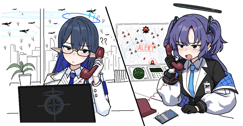 2girls ? ?? aircraft airplane armband black_gloves black_halo black_suit blue_archive blue_armband blue_eyeliner blue_hair blue_halo blue_necktie breasts building cable calling cellphone city cityscape closed_mouth coat cocktiel77 collarbone colored_inner_hair commentary computer confused earrings english_commentary eyeliner formal_clothes glasses gloves hair_ornament halo holding holding_phone id_card jacket jacket_partially_removed jewelry long_hair makeup map mechanical_halo medium_breasts millennium_science_school_logo monitor motion_lines multicolored_hair multiple_girls necktie open_mouth parachute paratrooper phone plant pointy_ears potted_plant purple_eyes purple_hair radar red_dawn red_winter_federal_academy_logo rimless_eyewear rin_(blue_archive) schale_logo shirt silhouette single_earring smartphone split_screen suit suit_jacket sweat talking triangle_hair_ornament two_side_up utnapishtim_operator_uniform_(blue_archive) white_coat white_gloves white_shirt window yuuka_(blue_archive)