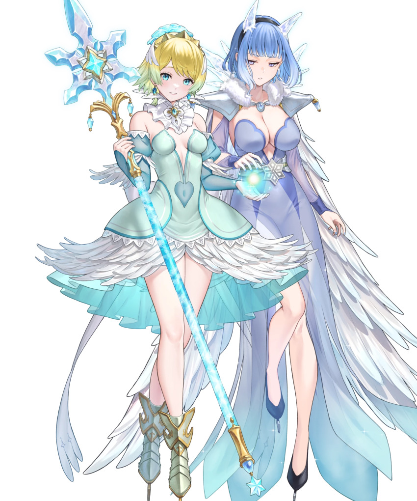 2girls bare_legs bare_shoulders blonde_hair blue_eyes blue_hair breasts cape cleavage covered_navel feather_cape feather_trim fire_emblem fire_emblem_heroes fjorm_(fire_emblem) fjorm_(ice_tribe)_(fire_emblem) highres holding holding_polearm holding_weapon ice_horns ice_skates lance looking_at_viewer medium_breasts multiple_girls nail_polish nifl_(fire_emblem) nifl_(ice_tribe)_(fire_emblem) nintendo non-web_source official_alternate_costume official_art polearm short_hair skates small_breasts smile tachi-e tiara tutu weapon white_cape