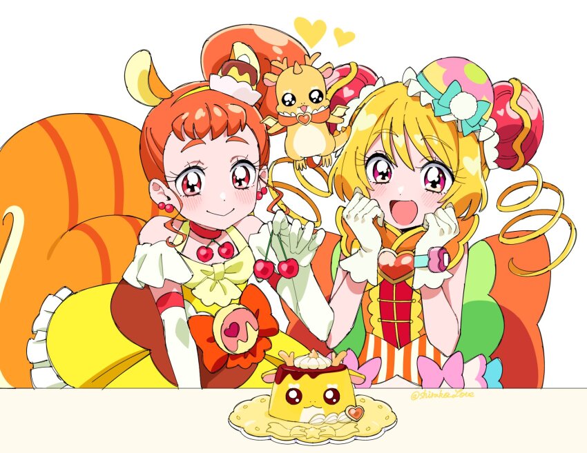 2girls :d animal_ears arisugawa_himari back_bow blonde_hair bow bun_cover character-themed_food cherry cherry_earrings chinese_clothes choker crossover cure_custard cure_yum-yum delicious_party_precure detached_sleeves dress earrings elbow_gloves food food-themed_earrings food_themed_earrings frilled_dress frills fruit gloves hairband hanamichi_ran highres holding holding_food holding_fruit huge_bow in-franchise_crossover jewelry kirakira_precure_a_la_mode long_hair looking_at_food magical_girl mandarin_collar mascot mem-mem_(precure) multiple_girls open_mouth orange_dress orange_hair plate precure pudding pudding_hair_ornament red_eyes shirako_love short_bangs short_hair side_ponytail sidelocks simple_background sleeveless sleeveless_dress smile squirrel_ears squirrel_girl squirrel_tail table tail twintails white_background yellow_dress