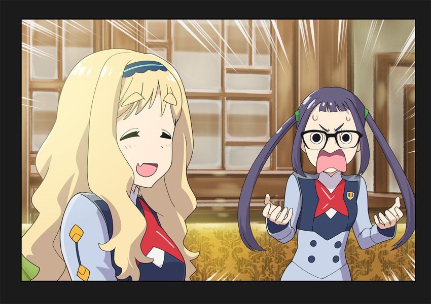 2girls :d black_border blonde_hair border cosplay darling_in_the_franxx emphasis_lines closed_eyes fang glasses ikuno_(darling_in_the_franxx) ikuno_(darling_in_the_franxx)_(cosplay) inuyama_aoi kokoro_(darling_in_the_franxx) kokoro_(darling_in_the_franxx)_(cosplay) long_hair multiple_girls oogaki_chiaki open_mouth parody purple_hair season_connection skin_fang smile thick_eyebrows twintails ueyama_michirou uniform yurucamp