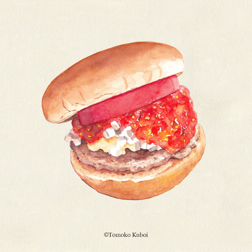 artist_name bun_(food) burger food food_focus kuboitomoko meat mos_burger no_humans painting_(medium) simple_background still_life tan_background tomato traditional_media watercolor_(medium)