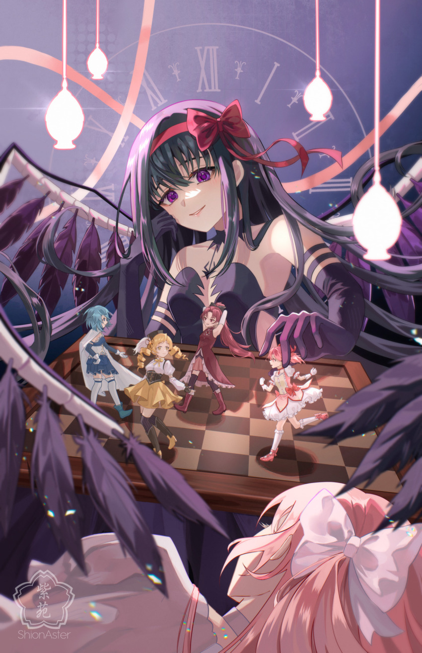 5girls akemi_homura akuma_homura arms_behind_head artist_logo artist_name black_dress black_gloves black_hair black_thighhighs black_wings blonde_hair blue_eyes blue_footwear blue_hair bob_cut bow cape chessboard clock commentary dress drill_hair elbow_gloves english_commentary feathered_wings foot_up german_commentary gloves hair_ribbon highres kaname_madoka kaname_madoka_(magical_girl) logo long_hair magical_girl mahou_shoujo_madoka_magica miki_sayaka miki_sayaka_(magical_girl) mini_person minigirl mixed-language_commentary multiple_girls pink_eyes pink_hair pink_ribbon pink_shoes purple_eyes red_bow red_dress red_eyes red_footwear red_hair red_ribbon ribbon roman_numeral running sakura_kyoko sakura_kyoko_(magical_girl) shionaster shoes short_hair smile socks thighhighs tomoe_mami tomoe_mami_(magical_girl) twin_drills ultimate_madoka very_long_hair white_bow white_cape white_gloves white_socks wings yellow_eyes yellow_shoes