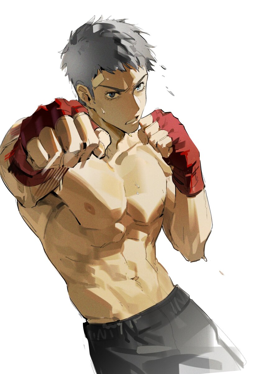 1boy absurdres bandaid bandaid_on_head black_shorts boxing_gloves character_request clenched_hand copyright_request fighting_stance fingerless_gloves gloves grey_eyes grey_hair highres lee999nine looking_at_viewer male_focus muscular muscular_male navel nipples pectorals red_gloves short_hair shorts simple_background solo sweatdrop topless_female topless_male v-shaped_eyebrows white_background