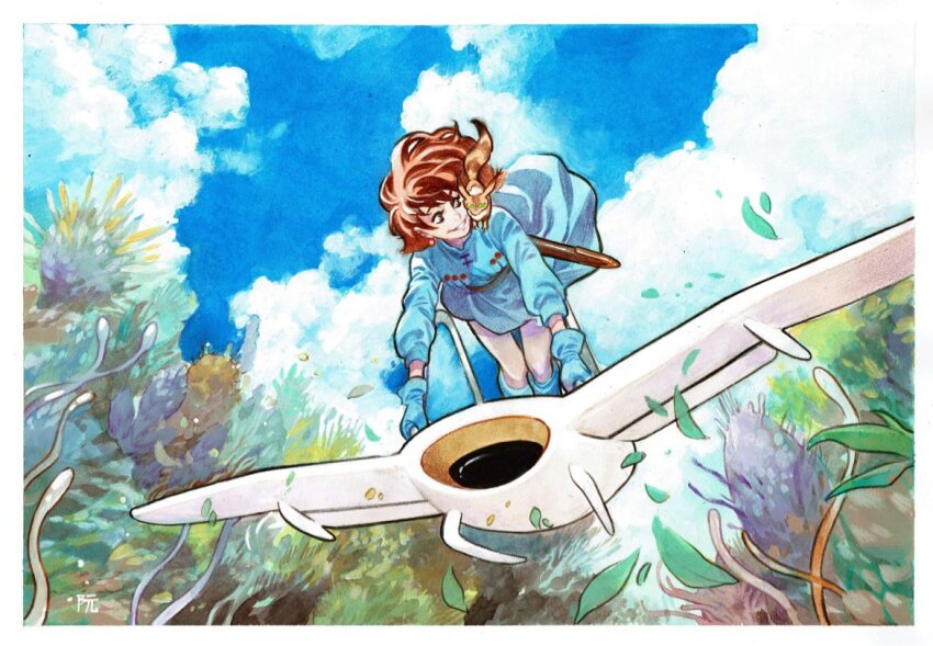 1girl aircraft animal animal_on_shoulder blue_dress blue_gloves border cloud commentary commission dike_ruan dress earrings english_commentary floating_hair glider gloves grass hair_behind_ear jewelry kaze_no_tani_no_nausicaa nausicaa parted_lips plant short_hair sky smile solo teto_(nausicaa) white_border