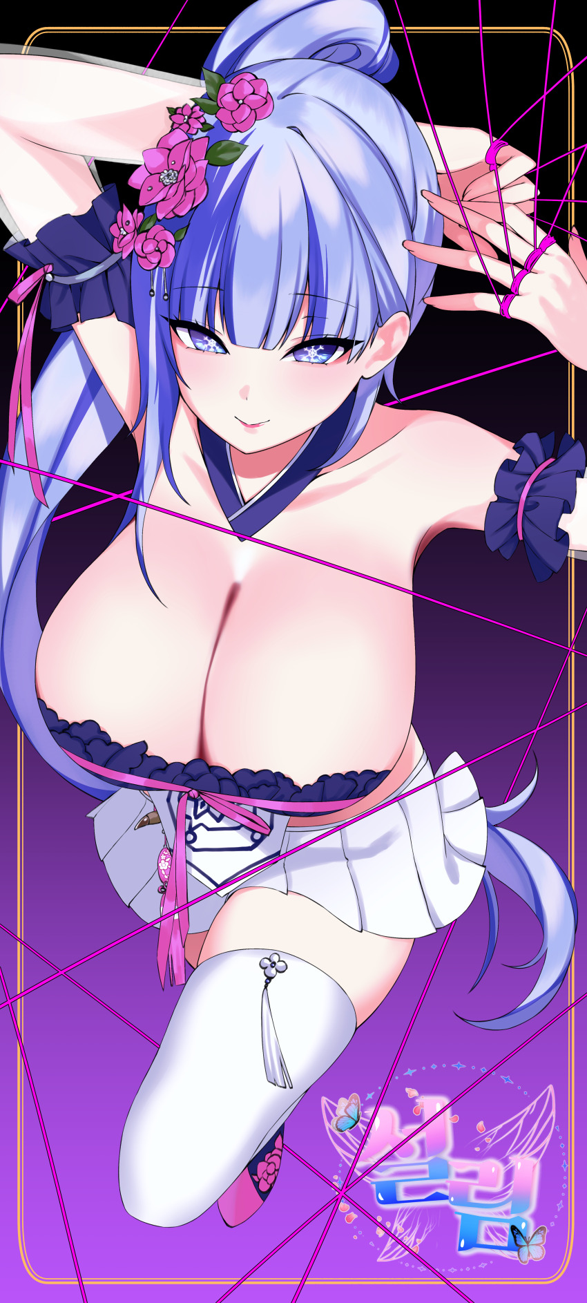 1girl absurdres arm_garter armpits arms_up bare_shoulders blue_eyes breasts cleavage closed_mouth commission detached_collar duurumi flower gradient_background hair_flower hair_ornament highres large_breasts long_hair looking_at_viewer midriff miniskirt multicolored_hair original pleated_skirt ponytail purple_background purple_hair revealing_clothes skirt smile snowflakes solo strapless streaked_hair string symbol-shaped_pupils thighhighs tube_top two-tone_hair very_long_hair white_skirt white_thighhighs zettai_ryouiki