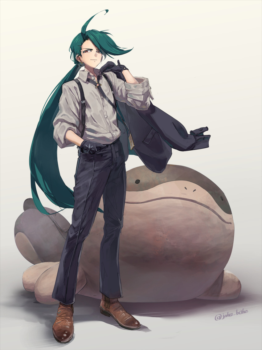 1girl ahoge black_gloves black_necktie black_pants buttons clodsire closed_mouth collared_shirt commentary_request gloves green_hair grey_background grey_shirt hand_in_pocket hand_up highres holding holding_jacket holding_unworn_clothes jacket jako_(boke_poke) long_hair necktie nintendo pants pokemon pokemon_(creature) pokemon_sv reverse_trap rika_(pokemon) shirt shoes smile standing suspenders twitter_username unworn_jacket very_long_hair