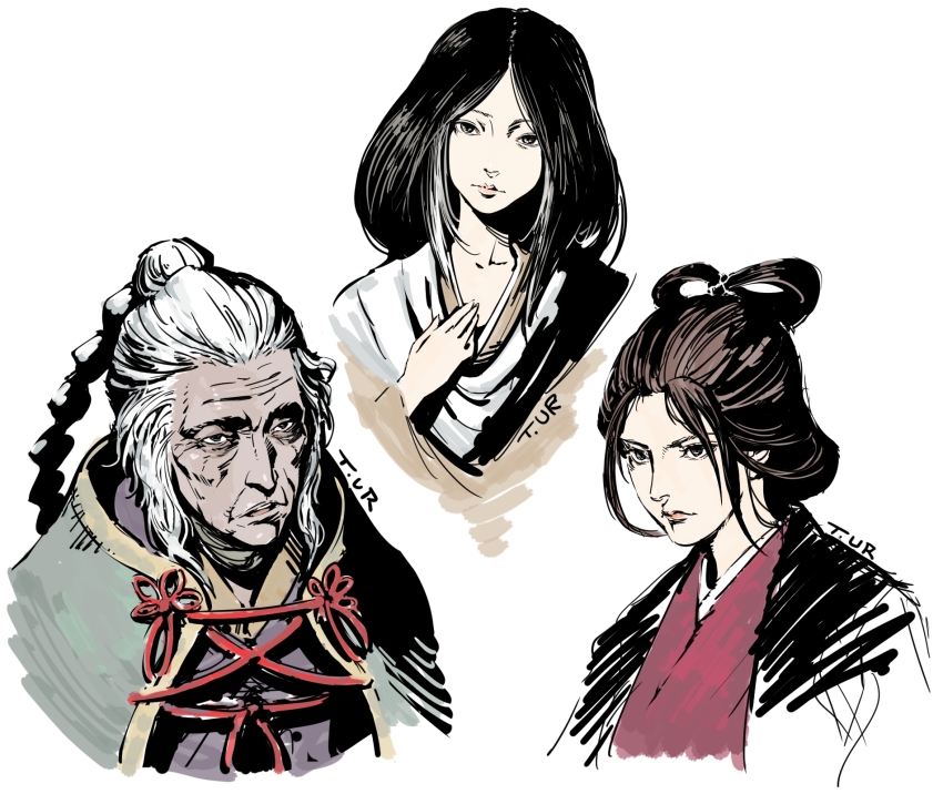 3girls bangs_pinned_back black_eyes brown_hair closed_mouth divine_child_of_rejuvenation emma_the_gentle_blade head_tilt highres horsea_(ekaki01) japanese_clothes kimono lady_butterfly long_hair looking_at_viewer multiple_girls old old_woman parted_lips sekiro:_shadows_die_twice signature simple_background white_background white_hair
