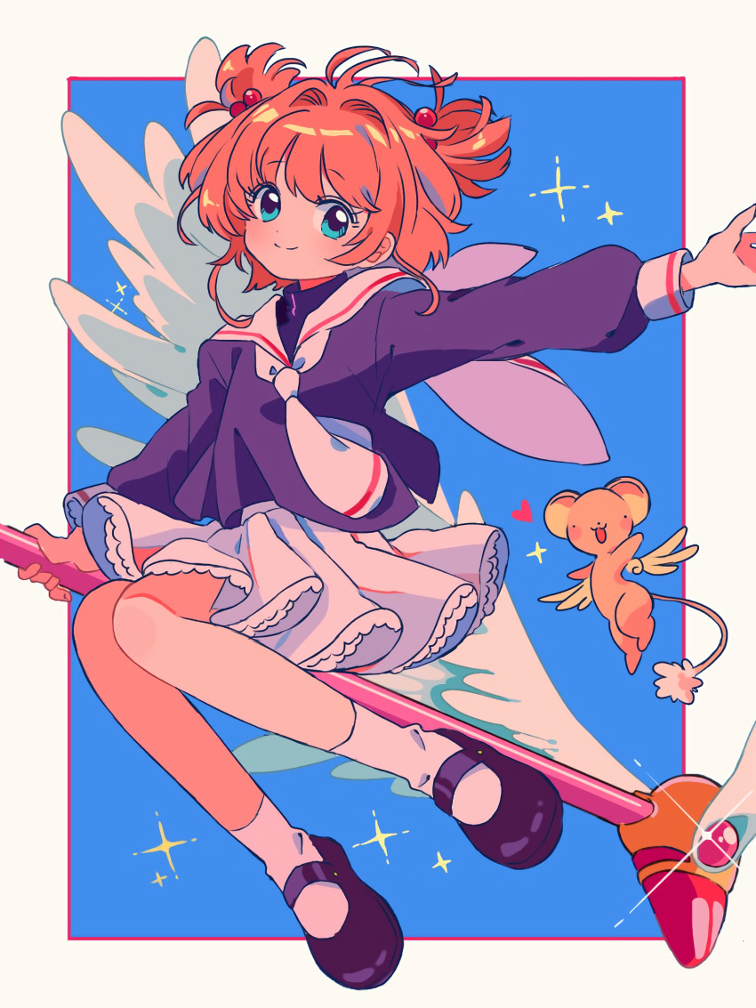 1girl black_shoes blue_background border brown_hair cardcaptor_sakura feathered_wings green_eyes hair_intakes heart highres holding holding_wand kero_(cardcaptor_sakura) kinomoto_sakura long_sleeves neckerchief sailor_collar sanamaru_(sana79261827) school_uniform shoes skirt socks tomoeda_elementary_school_uniform two-tone_background wand white_border white_neckerchief white_sailor_collar white_skirt white_socks winged_wand wings