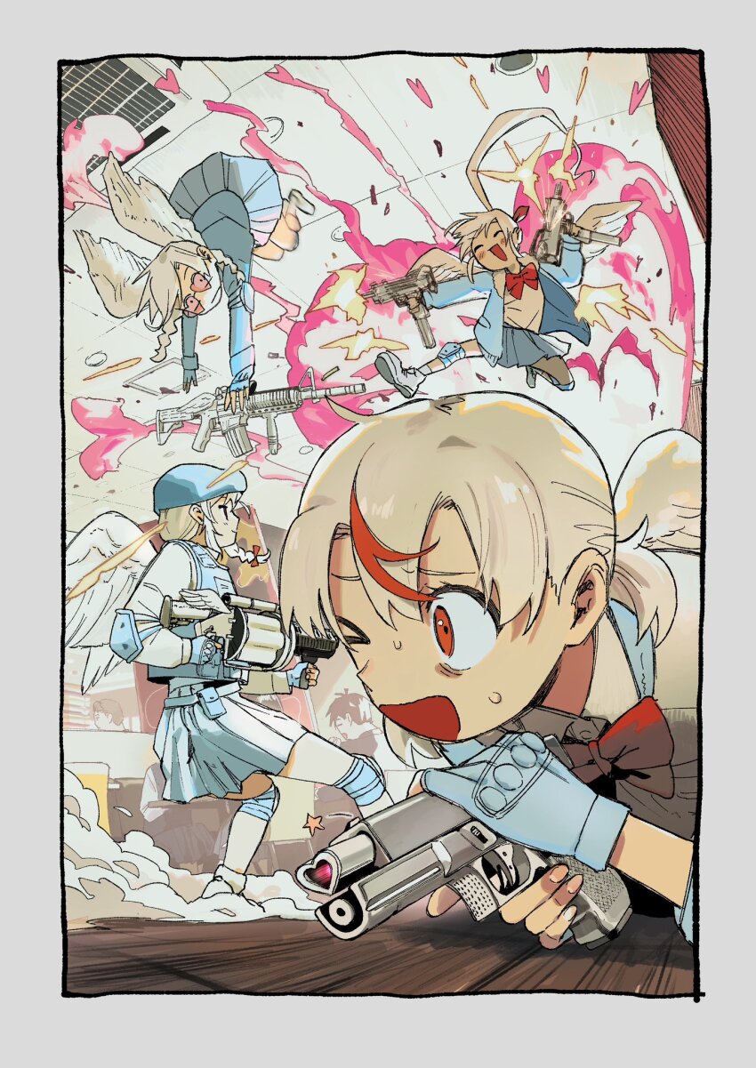 1boy 4girls beret blue_coat blue_jacket booth_seating bow bowtie chiyo_(love-bullet) coat cupid elbow_pads ena_(love-bullet) explosion fingerless_gloves firing gloves grenade_launcher gun hair_ribbon handgun hat heart heart-shaped_eyewear highres holding holding_gun holding_weapon jacket kanna_(love-bullet) knee_pads koharu_(love-bullet) long_sleeves love-bullet multicolored_hair multiple_girls one_eye_closed open_clothes open_jacket pleated_skirt ponytail projectile_trail red_bow red_bowtie red_eyes red_hair red_ribbon restaurant ribbon rifle shirt short_twintails skirt streaked_hair submachine_gun sweatdrop tadano_natsu trigger_discipline twintails weapon white_hair white_shirt wide-eyed wings
