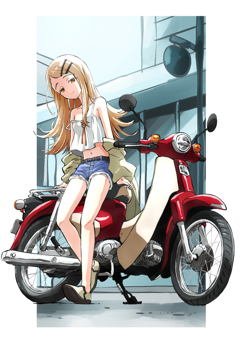1girl belt black_belt blonde_hair blue_shorts border building camisole closed_mouth coat colored_eyelashes commentary_request day full_body gakuen_idolmaster highres honda_super_cub idolmaster long_hair midriff moped motor_vehicle motorcycle navel off_shoulder on_motorcycle orange_eyes road_sign shinosawa_hiro short_shorts shorts sign sitting smile solo strap_slip taiga_hiroyuki white_border white_camisole white_coat white_footwear