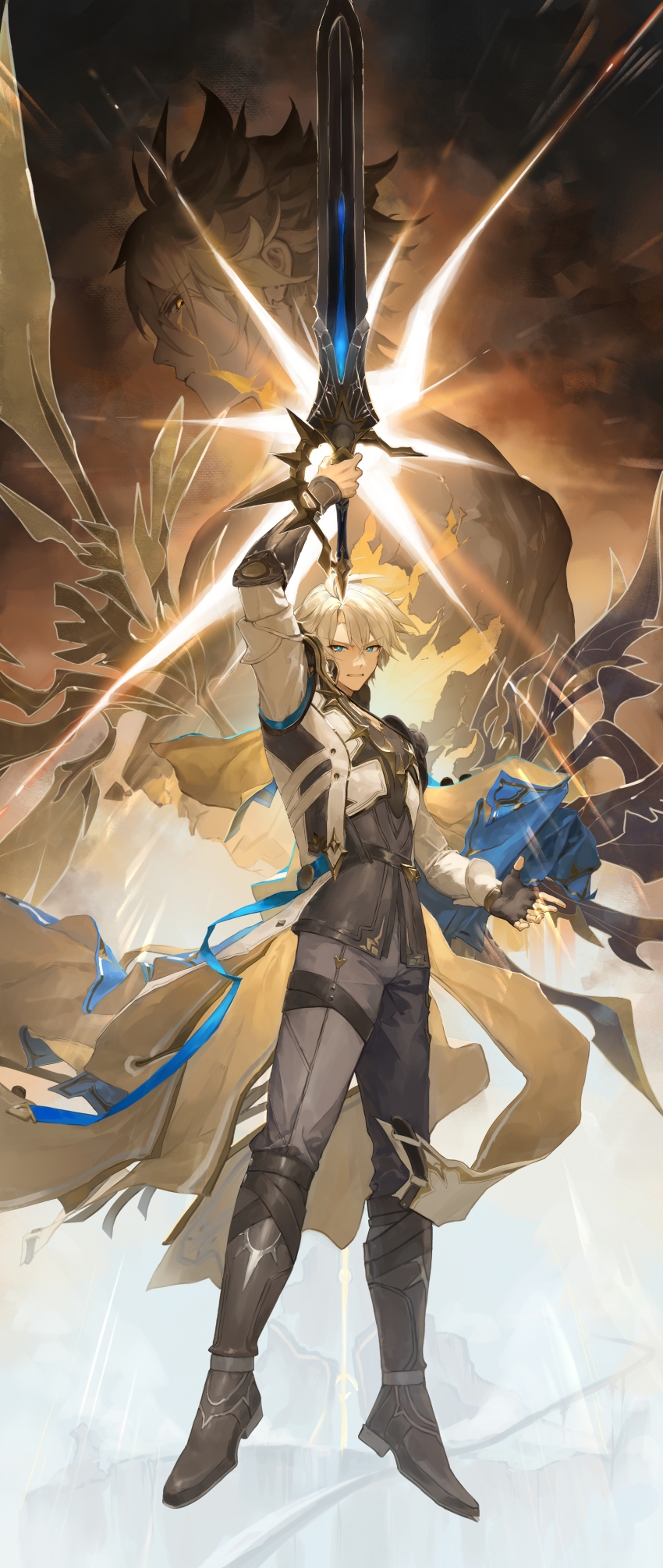 2boys absurdres alternate_form antenna_hair arm_up armor black_boots black_choker black_gloves black_pants black_shirt blonde_hair blue_cape boots cape chinese_commentary choker coat commentary_request cracked_skin dual_persona fingerless_gloves floating_cape gloves hair_between_eyes hand_up highres holding holding_sword holding_weapon honkai:_star_rail honkai_(series) knee_boots male_focus miaooon multiple_boys pants parted_bangs pauldrons phainon_(honkai:_star_rail) shirt short_hair shoulder_armor single_glove single_pauldron sword thigh_strap torn_clothes torn_shirt v-shaped_eyebrows weapon white_coat white_hair yellow_blood yellow_eyes