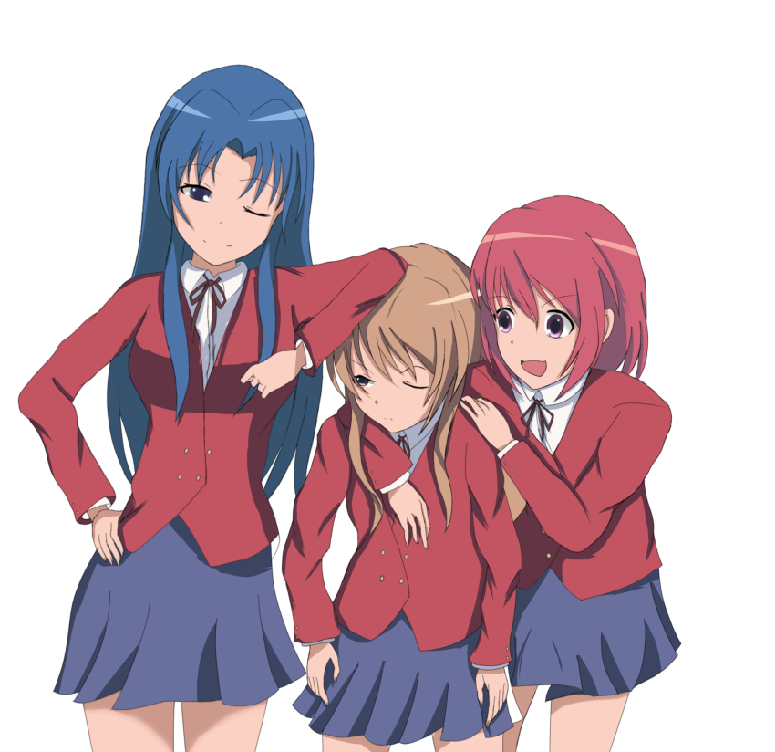 3girls aisaka_taiga artist_request blazer blue_eyes blue_hair blue_skirt brown_eyes brown_hair buttons closed_mouth collared_shirt commentary_request double-breasted elbow_on_another&#039;s_head highres hug jacket kawashima_ami kushieda_minori long_hair long_sleeves looking_at_another medium_hair multiple_girls neck_ribbon one_eye_closed oohashi_high_school_uniform open_mouth purple_eyes red_hair red_jacket red_ribbon ribbon school_uniform shirt simple_background skirt split_mouth toradora! white_background white_shirt