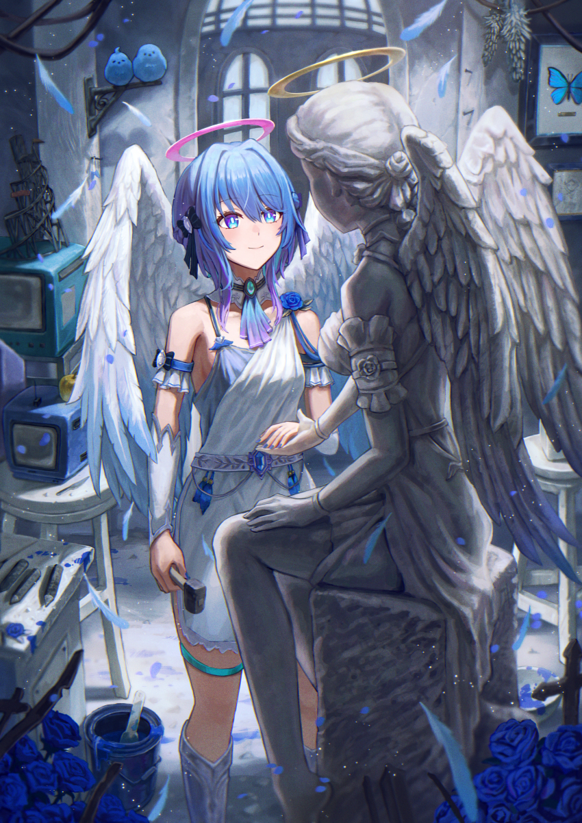 1girl absurdres angel_wings bare_shoulders bird blue_eyes blue_flower blue_hair blue_nails boots breasts bright_pupils bug butterfly closed_mouth commentary_request facing_viewer falling_feathers feathered_wings feathers feet_out_of_frame flower framed_insect gradient_hair hair_ornament halo highres holding holding_hands holding_mallet indoors insect isome knee_boots looking_at_object mallet medium_breasts medium_hair multicolored_hair nail_polish original paint_can pink_halo purple_hair sculpting sculpture smile solo statue stool thigh_strap wings yellow_halo