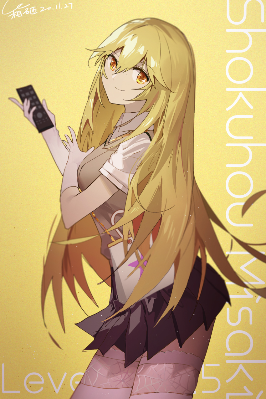 +_+ 1girl bag blonde_hair breasts controller gloves hako_(misheyes) handbag highres large_breasts long_hair remote_control school_uniform shokuhou_misaki skirt solo sweater_vest symbol-shaped_pupils thighhighs toaru_kagaku_no_railgun toaru_majutsu_no_index tokiwadai_school_uniform very_long_hair white_gloves white_thighhighs yellow_eyes
