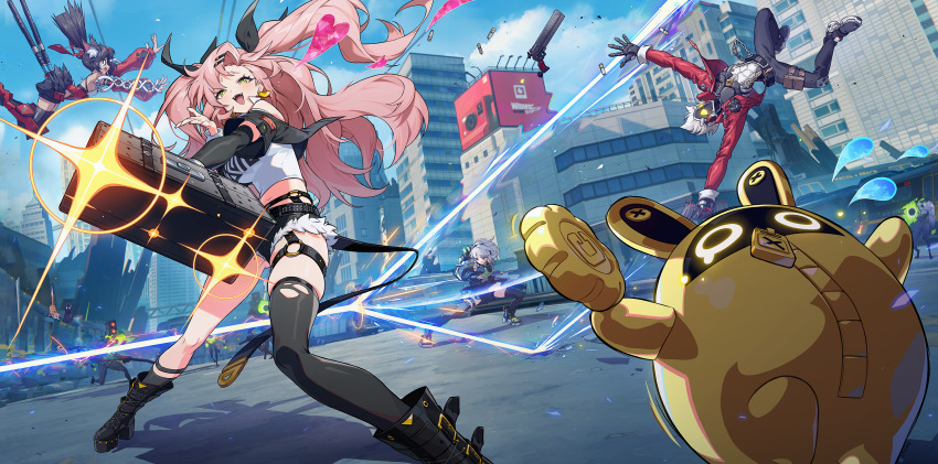 0_0 1boy 3girls anby_demara animal_ears arms_up asymmetrical_legwear attack bangboo_(zenless_zone_zero) battle billy_kid black_hair braid cable cable_tail cat_ears cat_girl cat_tail coin dark-skinned_female dark_skin day debris deflect detached_sleeves ethereal_(zenless_zone_zero) falling fighting_stance fisheye fleeing floating_hair flying_sweatdrops gluteal_fold golden_bangboo green_eyes heart highres holding holding_coin holding_weapon humanoid_robot jacket kuikui laser long_hair long_sleeves looking_to_the_side mechanical_tail monster multiple_girls multiple_tails nekomiya_mana nicole_demara open_clothes open_jacket open_mouth outdoors outstretched_arms pants pink_hair red_jacket robot running shirt shorts side_braid single_braid single_thighhigh smile standing stiff_tail tail tearing_up thighhighs torn_clothes torn_thighhighs two_tails very_long_hair weapon zenless_zone_zero