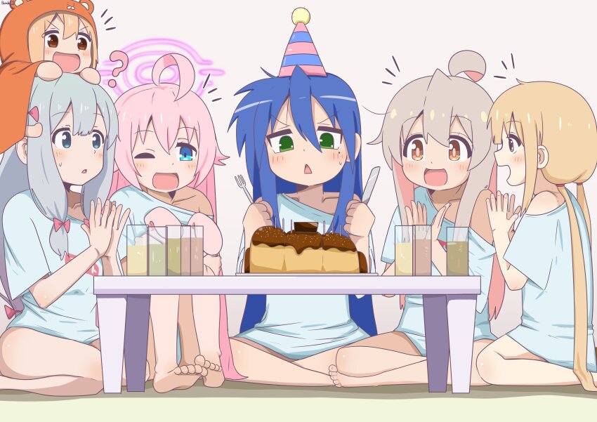 6+girls :d ;d ? absurdres ahoge bambi2000line barefoot birthday birthday_cake blonde_hair blue_archive blue_eyes blue_hair blue_shirt blunt_bangs blush bow bright_pupils brown_eyes cake center-flap_bangs chestnut_mouth chibi chibi_inset chibi_on_head clapping collarbone commentary_request cosplay crossover doma_umaru eromanga_sensei feet_out_of_frame food fork full_body futaba_anzu genderswap genderswap_(mtf) green_eyes grey_hair hair_between_eyes hair_bow hands_up happy hat highres himouto!_umaru-chan holding holding_fork holding_knife hoshino_(blue_archive) idolmaster idolmaster_cinderella_girls indian_style indoors izumi_konata izumi_sagiri knees_up knife legs_together light_brown_hair long_hair looking_at_another looking_at_food looking_down low-tied_long_hair low_twintails lucky_star mole mole_under_eye multiple_crossover multiple_girls notice_lines on_head one_eye_closed onii-chan_wa_oshimai! open_mouth orange_hair oyama_mahiro oyama_mahiro_(cosplay) party_hat pink_bow pink_hair shirt sidelocks simple_background single_bare_shoulder sitting smile soles straight_hair sweatdrop tareme toes trait_connection twintails v-shaped_eyebrows very_long_hair