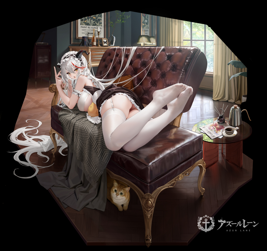 1girl absurdly_long_hair absurdres aegir_(azur_lane) aegir_(iron_blood&#039;s_dragon_maid)_(azur_lane) animal artist_name ass azur_lane black_background bottle breasts bug butterfly cameo candle candlestand cat chair character_name coffee cup cushion day dress feet foot_focus framed_insect frilled_hairband frills garter_straps glass_table hair_between_eyes hairband highres huge_ass indoors insect lamp large_breasts light_particles long_hair looking_at_viewer looking_back lying maid maid_headdress manjuu_(azur_lane) multicolored_hair newspaper no_shoes official_alternate_costume official_art on_chair on_stomach open_mouth painting_(object) penetration_gesture pillow plant potted_plant red_hair saucer see-through_clothes see-through_legwear short_dress solo streaked_hair surcouf_(azur_lane) surcouf_(loisirs_balneaires)_(azur_lane) table teacup thighhighs thighs tongue tongue_out two-tone_hair underboob underbutt v very_long_hair white_hair white_thighhighs wine_bottle wooden_floor yellow_eyes yunsang