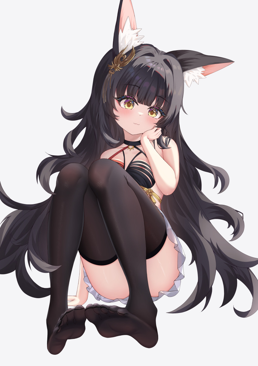 1girl 2994174200 :3 absurdres animal_ears arm_behind_back ass azur_lane bare_shoulders black_hair blush breasts curly_hair dress fox_ears fox_girl full_body hair_ornament hand_on_own_cheek hand_on_own_face hand_up highres knees_to_chest knees_up legs_together long_hair nagato_(azur_lane) nagato_(meta)_(azur_lane) nipple_slip nipples no_bra simple_background sitting sleeveless sleeveless_dress small_breasts solo thighhighs thighs very_long_hair white_background yellow_eyes