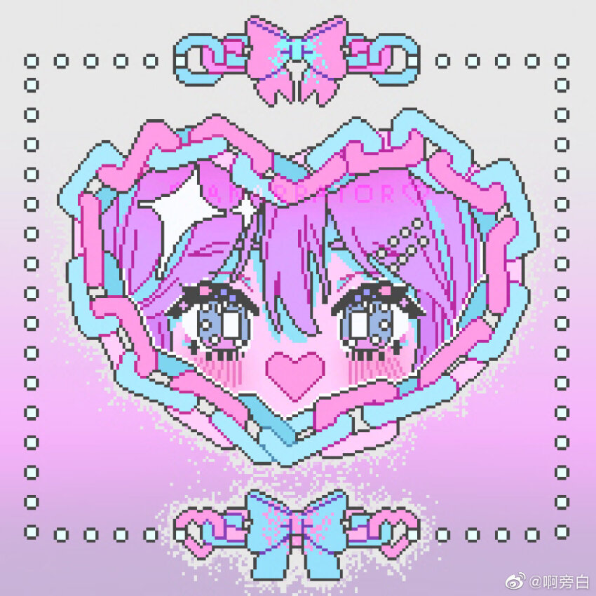 1girl apangbai_(anarrator) beads blue-eyes_white_dragon blue_bow blue_hair blush bow chain close-up commentary eyelashes gradient_background grey_background hair_beads hair_ornament hairclip heart heart-shaped_mouth multicolored_hair open_mouth original outline parallel_hairclips pink_background pink_bow pink_hair pixel_art solo sparkle streaked_hair symbol-only_commentary watermark weibo_watermark white_outline