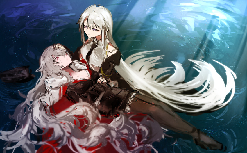 2girls agtt25333 azur_lane cloak comforting enterprise_(azur_lane) floating graf_zeppelin_(azur_lane) grey_hair hand_on_another&#039;s_head highres long_hair looking_at_another multiple_girls necktie no_headwear pantyhose partially_submerged wading