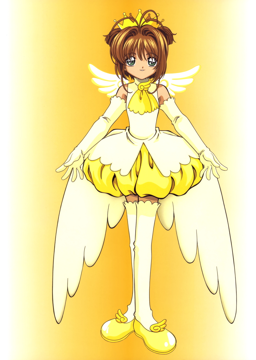 1990s_(style) 1girl absurdres antenna_hair bloomers brooch brown_hair cardcaptor_sakura crown dot_nose dress elbow_gloves full_body gloves gold_crown green_eyes hair_intakes highres jewelry kinomoto_sakura kinomoto_sakura_(miraculous_sakura) legs_together looking_at_viewer magical_girl neckerchief official_art orange_background outstretched_arms parted_lips pointed_crown retro_artstyle scan shoes short_hair simple_background smile solo spread_arms straight-on tachi-e takahashi_kumiko thighhighs underwear white_dress white_gloves white_thighhighs white_wings wing_brooch wings yellow_bloomers yellow_neckerchief yellow_shoes yellow_theme