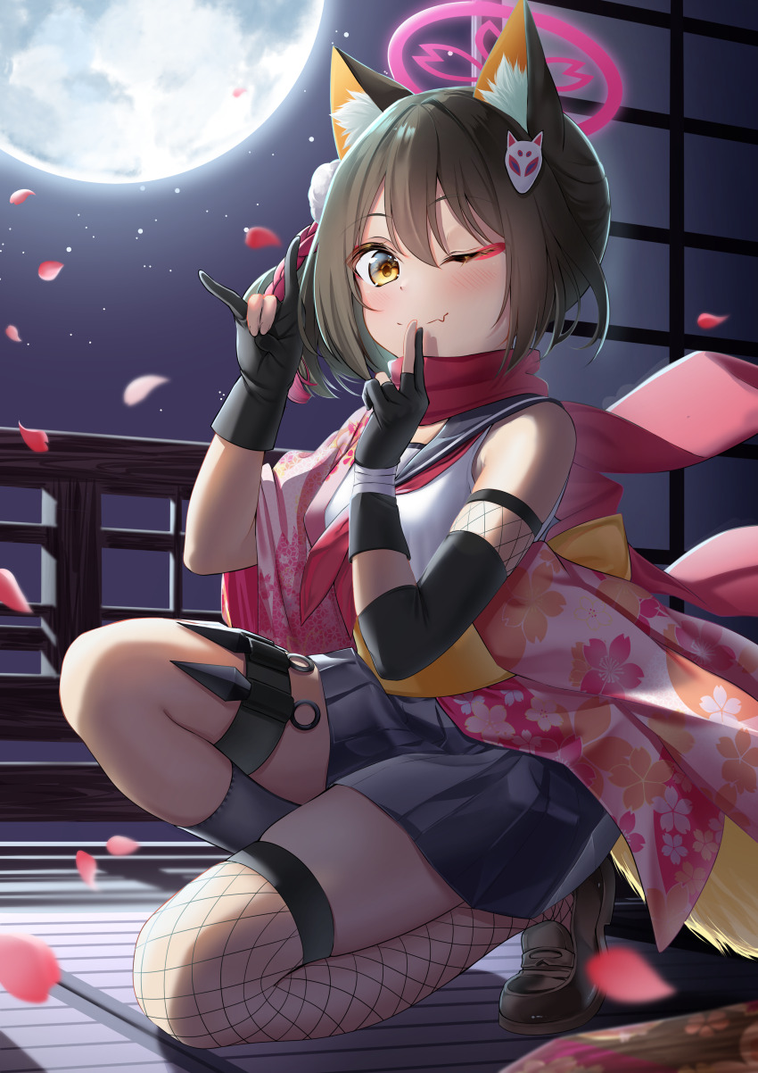 1girl ;) absurdres animal_ear_fluff animal_ears black_gloves black_sailor_collar black_shoes blue_archive blurry blush breasts brown_hair commentary_request depth_of_field fang fishnet_thighhighs fishnets floral_print floral_print_kimono fox_ears fox_hair_ornament fox_shadow_puppet full_moon gloves grey_skirt hair_between_eyes hair_ornament halo highres izuna_(blue_archive) japanese_clothes kimono kunai makeup moon neckerchief one_eye_closed partially_fingerless_gloves petals pink_halo pom_pom_(clothes) pom_pom_hair_ornament print_kimono red_neckerchief rissenka sailor_collar shirt shoes single_fishnet_legwear skirt smile solo thighhighs weapon white_shirt yellow_eyes