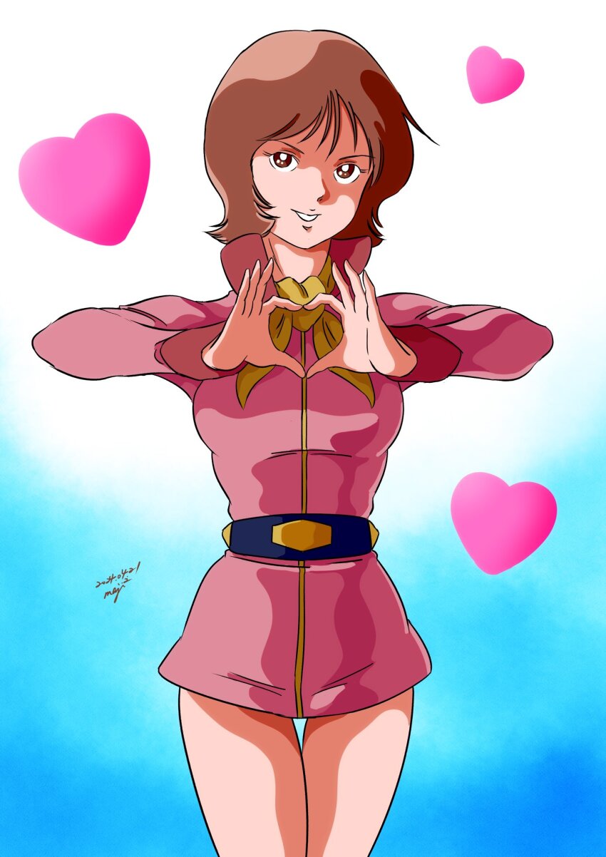 1girl belt breasts brown_eyes brown_hair fraw_bow gundam heart heart_hands highres long_sleeves looking_at_viewer military_uniform miniskirt mobile_suit_gundam neckerchief pgmajimaji short_hair skirt thigh_gap thighs