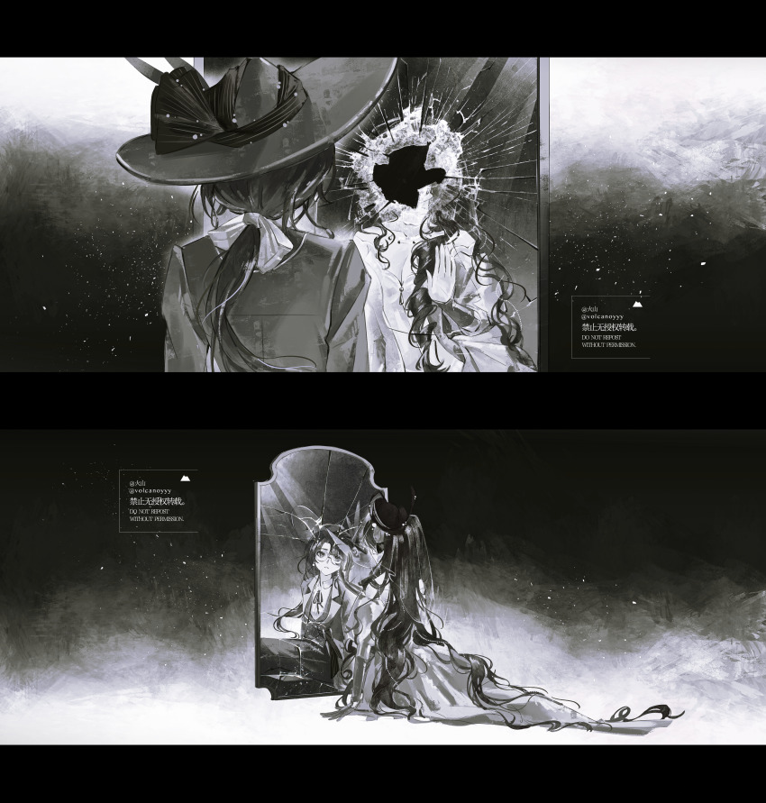 2girls absurdres arm_support bow broken_mirror crack cracked_glass different_reflection dress glasses greyscale hair_bow highres isolde_(reverse:1999) jacket kakania_(reverse:1999) long_dress long_hair looking_at_mirror low_ponytail mirror monochrome multiple_girls on_ground picture_hat ponytail reflection reverse:1999 sitting volcanoyyy watermark