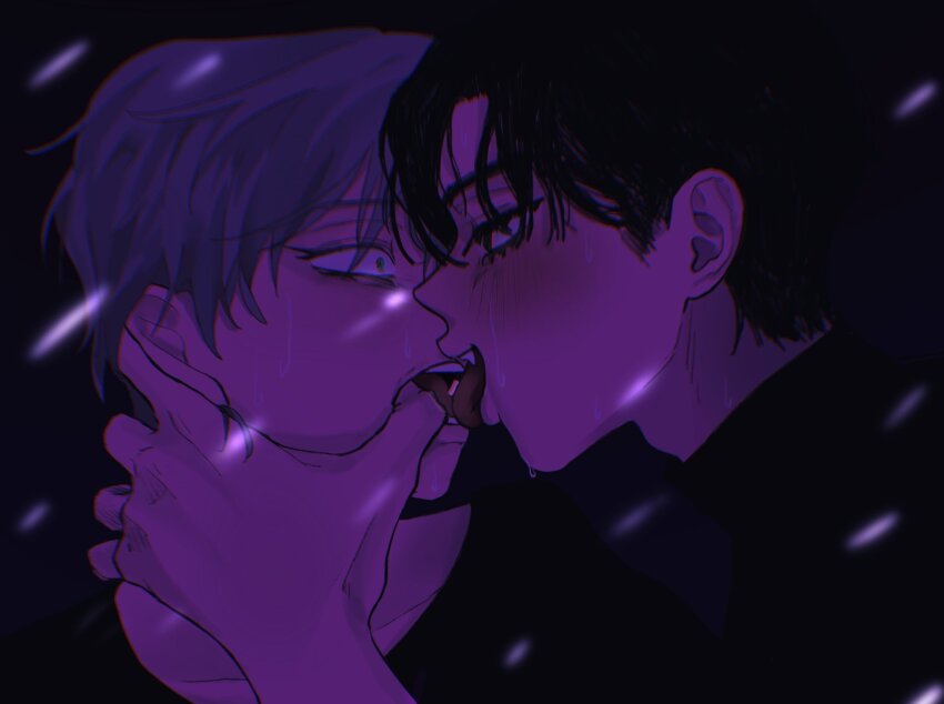 2boys aendee alien_stage bad_id bad_twitter_id black_eyes black_hair black_shirt finger_in_another&#039;s_mouth green_eyes grey_hair highres inactive_account ivan_(alien_stage) male_focus multiple_boys nisekao_(yama) open_mouth pill pill_on_tongue shirt till_(alien_stage) turtleneck turtleneck_shirt yaoi