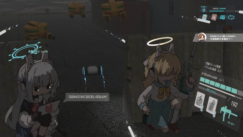 3d_background amonitto animal_ears behind_cover blue_archive blue_sailor_collar blue_serafuku blue_skirt braid crown_braid dark drone fake_animal_ears fake_screenshot gloves gun h&amp;k_mp7 halo headset highres holding holding_tablet_pc jersey_barrier knee_pads long_hair long_sleeves mixed_media miyako_(blue_archive) moe_(blue_archive) neckerchief on_one_knee rabbit_ears sailor_collar school_uniform serafuku skirt submachine_gun tablet_pc trinity_student_(blue_archive) user_interface weapon white_hair white_serafuku yellow_neckerchief