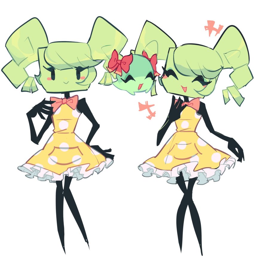2girls ^_^ bad_id bad_twitter_id blush_stickers boo_(mario) bow bow_(paper_mario) charamells closed_eyes commentary dress english_commentary eyelashes floating full_body green_hair highres knees_together_feet_apart laughing looking_at_another looking_at_viewer mario_(series) mimi_(paper_mario) multiple_girls multiple_views nintendo paper_mario paper_mario_64 polka_dot polka_dot_dress red_bow simple_background smile standing super_paper_mario white_background white_polka_dots yellow_dress