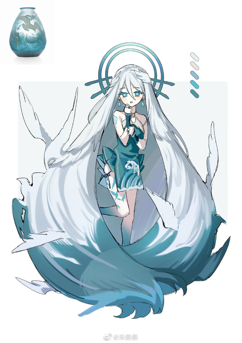 1girl absurdly_long_hair aqua_dress aqua_eyes aqua_halo aqua_skin aqua_tongue aqua_wrist_cuffs bandaid bandaid_on_shoulder bare_shoulders bird braid bright_pupils china_dress chinese_clothes chinese_commentary color_guide colored_eyelashes colored_skin commentary_request crown_braid dress earrings feather_hair_ornament feathers full_body gradient_skin grey_background grey_hair hair_between_eyes hair_ornament halo halo_behind_head hand_on_own_arm hand_on_own_chin highres jewelry leg_tattoo leg_up long_hair open_mouth original outside_border pelvic_curtain personification reference_inset short_dress sleeveless sleeveless_dress solo tattoo two-tone_background very_long_hair watermark wave_print weibo_watermark white_background white_pupils wo_jiji wrist_cuffs