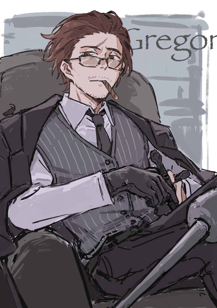 1boy absurdres amputee beard_stubble belt black_gloves black_jacket black_necktie black_pants brown_hair character_name cigar collared_shirt commentary couch dagger facial_hair feet_out_of_frame from_below glasses gloves gregor_(project_moon) hair_slicked_back highres holding holding_dagger holding_knife holding_weapon jacket jacket_on_shoulders jiaoyu knife limbus_company long_sleeves looking_at_viewer male_focus necktie night_awls_(identity)_(project_moon) on_couch orange_eyes pants peg_leg project_moon scar scar_on_face serious shirt short_hair sitting smoke smoking solo striped_clothes striped_vest stubble vertical-striped_clothes vertical-striped_vest vest weapon white_shirt