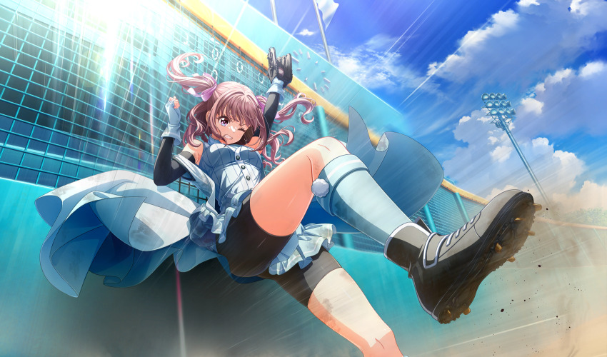 1girl aqua_gloves aqua_shirt aqua_skirt aqua_socks arm_up armband ball baseball baseball_(object) baseball_glove baseball_stadium bike_shorts_under_skirt black_footwear black_shorts catching cinderella_series clenched_teeth cloud dust_cloud dutch_angle emphasis_lines fence fingerless_gloves flag floating_hair foot_out_of_frame from_below game_cg gloves hachigatsu_no_cinderella_nine hair_ribbon highres holding holding_ball imada_anju jumping non-web_source official_art one_eye_closed outdoors outstretched_arm playing_sports purple_eyes purple_hair purple_ribbon ribbon scoreboard shirt shorts skirt sky sleeveless sleeveless_shirt socks solo teeth two_side_up v-shaped_eyebrows