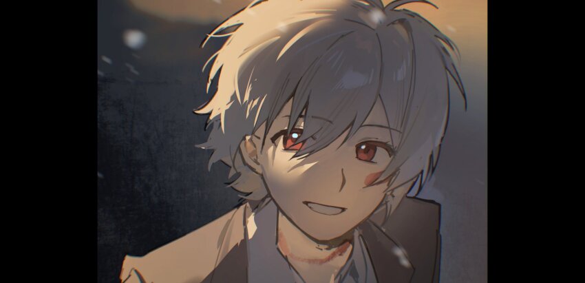 1boy black_border border brown_jacket collared_shirt floating_hair hair_between_eyes highres jacket kanse0325 looking_at_viewer male_focus night night_sky no.6 parted_lips portrait red_eyes shion_(no.6) shirt short_hair sky smile snowflakes snowing solo teeth white_hair white_shirt wind