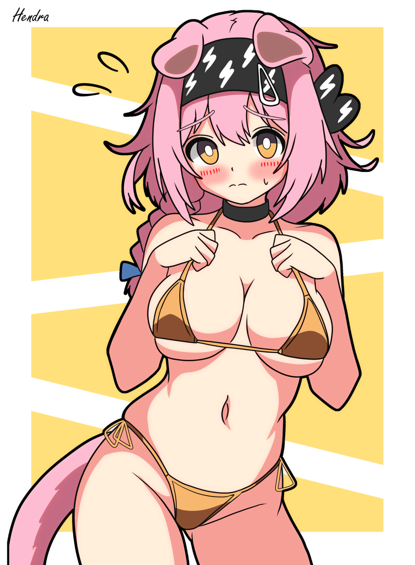 1girl absurdres animal_ears arknights bikini black_hairband blush braid breasts cat_ears cat_girl cat_tail gold_bikini goldenglow_(arknights) hairband hendra highres lightning_bolt_print looking_at_viewer navel pink_hair side-tie_bikini_bottom solo swimsuit tail