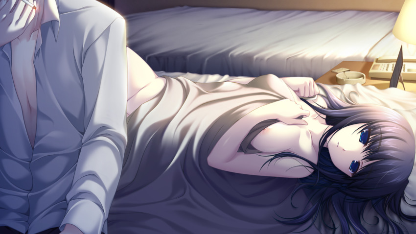 1boy 1girl aftersex alpha_(yukai_na_nakamatachi) bed_sheet black_hair blue_eyes breasts closed_mouth collarbone collared_shirt dress_shirt g-senjou_no_maou game_cg long_hair long_sleeves lying medium_breasts nipples on_back on_bed shirt sitting smoking straight_hair tokita_yuki under_covers white_shirt wing_collar