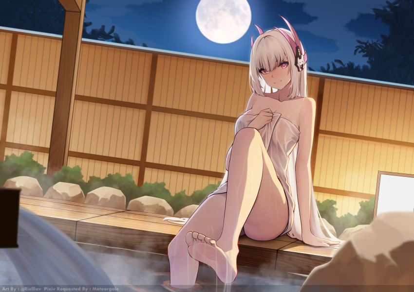 1girl absurdres barefoot breasts closed_mouth commentary commission english_commentary feet foot_up full_moon headgear highres large_breasts lavriell liv_(pgr) long_hair looking_at_viewer moon naked_towel onsen outdoors punishing:_gray_raven purple_eyes sitting smile solo toes towel very_long_hair wet white_hair