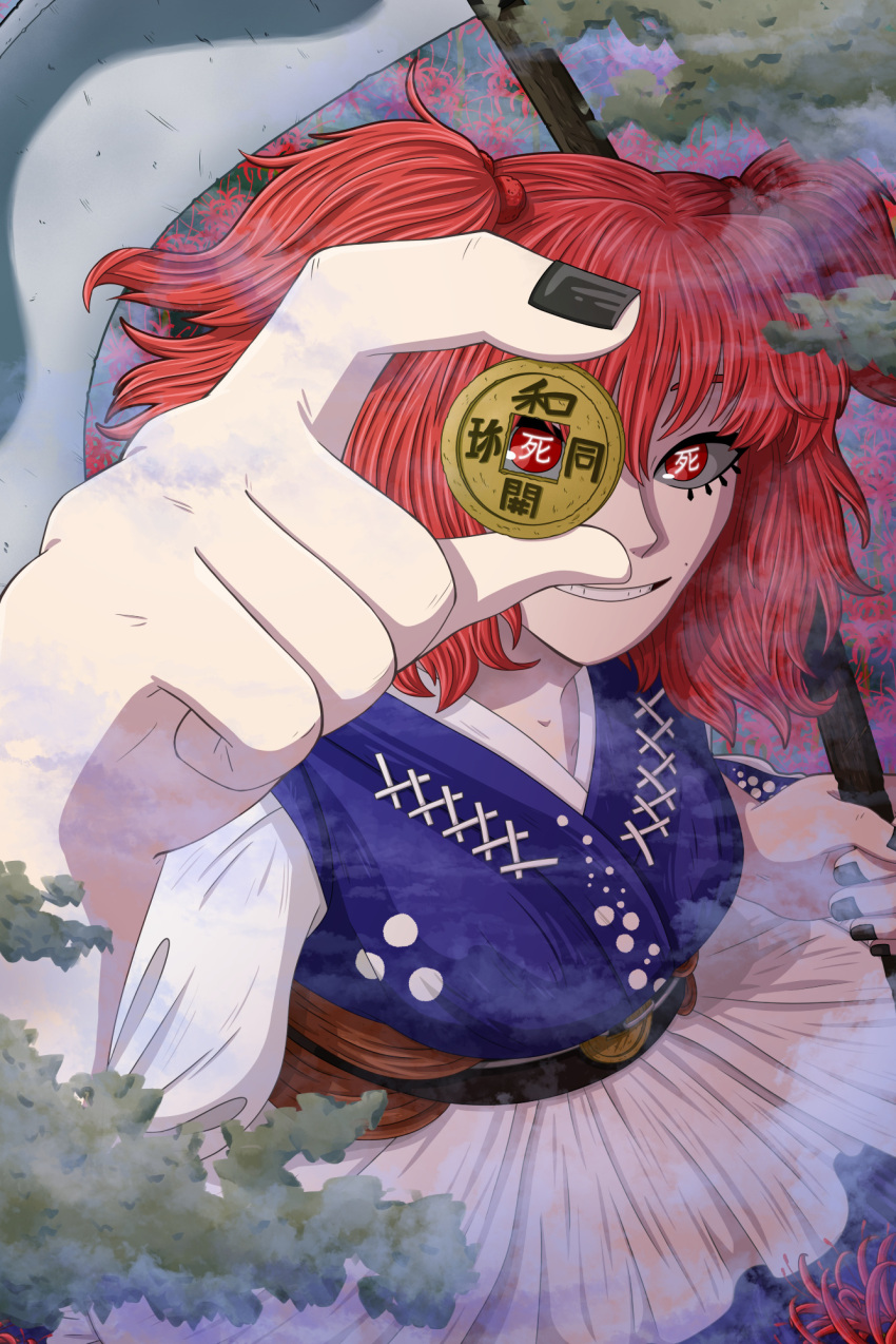 1girl black_nails blue_shirt coin eyelashes flower fog foreshortening golemofthewoods grin hair_bobbles hair_ornament highres holding holding_coin holding_scythe holed_coin looking_at_viewer onozuka_komachi outdoors red_eyes red_hair scythe shirt short_sleeves skirt smile solo spider_lily symbol-shaped_pupils touhou two_side_up upper_body white_skirt