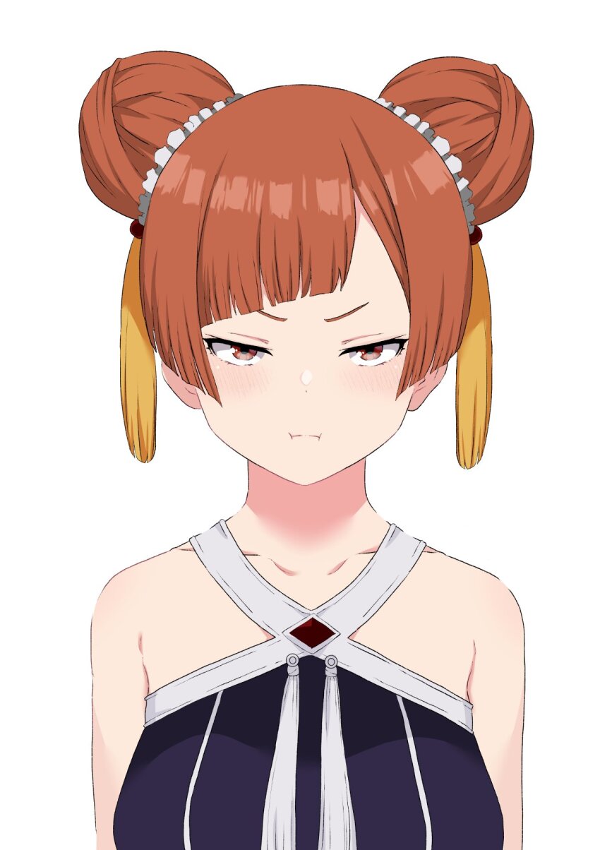 1girl :i asymmetrical_bangs blue_dress brown_eyes collarbone commentary_request double_bun dress hair_bun hair_ornament half-closed_eyes highres laufen_(sousou_no_frieren) looking_at_viewer orange_hair pout simple_background solo sousou_no_frieren straight-on tassel tassel_hair_ornament upper_body white_background yasehattagi
