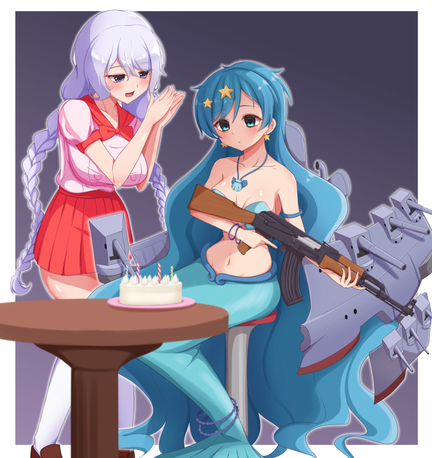 2girls :d absurdres ak-47 armlet assault_rifle avrora_(azur_lane) azur_lane bare_shoulders bead_tail_ornament bikini birthday_cake blue_eyes blue_hair blue_tail blush bracelet braid breasts buttons cake cleavage closed_mouth collarbone commentary_request commission cosplay crossover double-breasted earrings food full_body groin gun hair_between_eyes hair_ornament highres holding holding_gun holding_weapon houshou_hanon houshou_hanon_(cosplay) houshou_hanon_(mermaid) jewelry kalashnikov_rifle kneehighs large_breasts loafers long_hair looking_at_another medium_breasts mermaid mermaid_melody_pichi_pichi_pitch monster_girl mujin_(mujinzairaisen) multiple_girls navel necklace open_mouth own_hands_together pearl_bracelet pink_shirt pixiv_commission pleated_skirt red_sailor_collar red_skirt rifle rigging sailor_collar school_uniform shell shell_bikini shell_necklace ship_turret shirt shoes sidelocks sitting skirt smile smokestack socks standing star_(symbol) star_earrings star_hair_ornament stomach stool table twin_braids very_long_hair weapon white_hair white_socks
