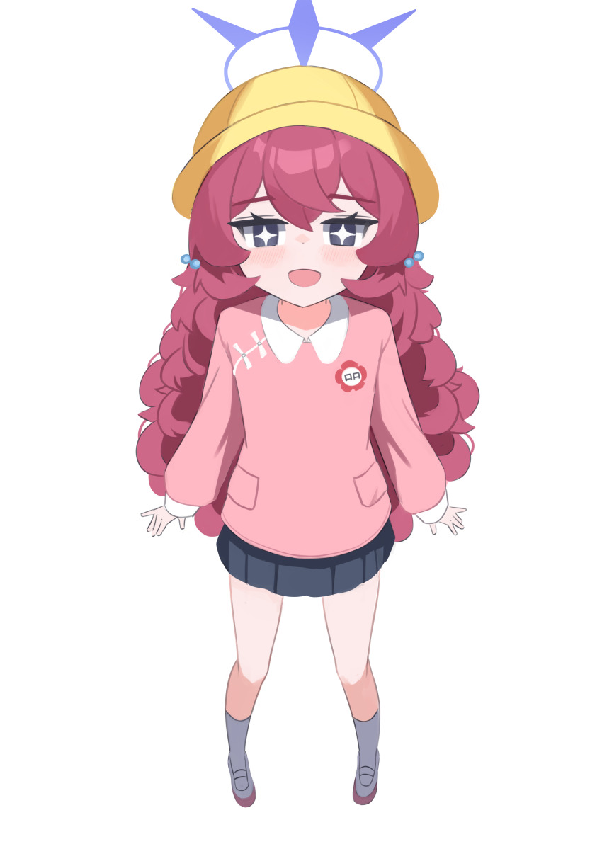 1girl absurdres alternate_costume anma21 black_eyes black_skirt blue_archive halo hat highres iroha_(blue_archive) kindergarten_uniform kneehighs long_hair looking_at_viewer miniskirt open_mouth pink_shirt pleated_skirt purple_halo red_hair school_hat shirt shoes simple_background skirt socks solo sparkling_eyes standing very_long_hair wavy_hair white_background white_shoes white_socks yellow_hat