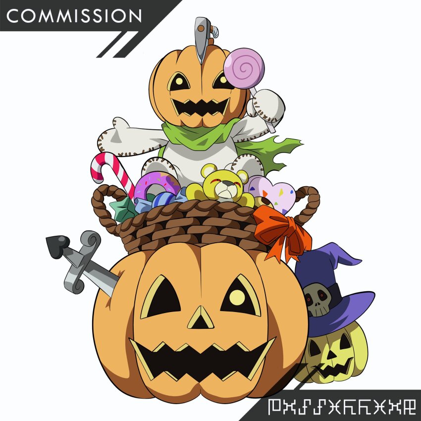 digimon digimon_(creature) happy hat highres looking_at_viewer monzaemon officialseraphimon pumpkin pumpmon skull smile yellow_eyes