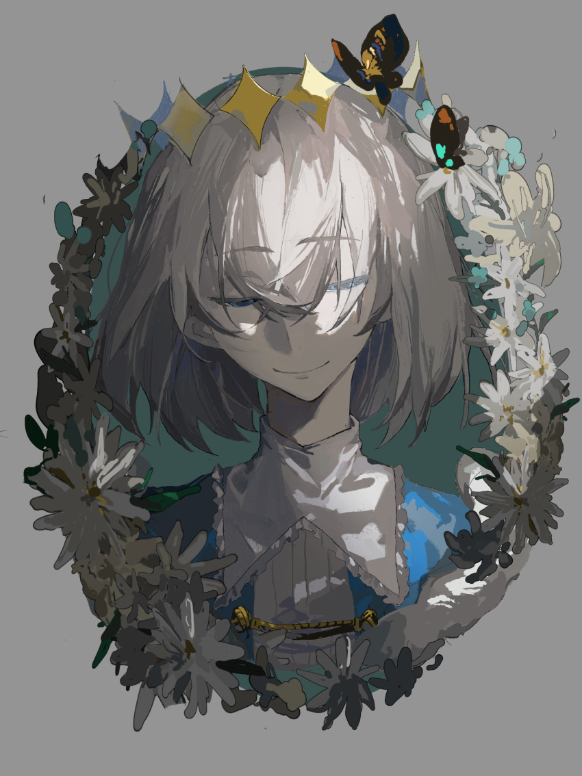 1boy absurdres blue_eyes blue_jacket bug butterfly closed_mouth collared_shirt commentary daisy english_commentary fate/grand_order fate_(series) flower frilled_shirt_collar frills hair_between_eyes half-closed_eyes highres insect jacket kuma_(yoooooooo152) male_focus oberon_(fate) oberon_(first_ascension)_(fate) open_clothes open_jacket portrait puritan_collar shirt short_hair smile solo white_flower white_hair white_shirt