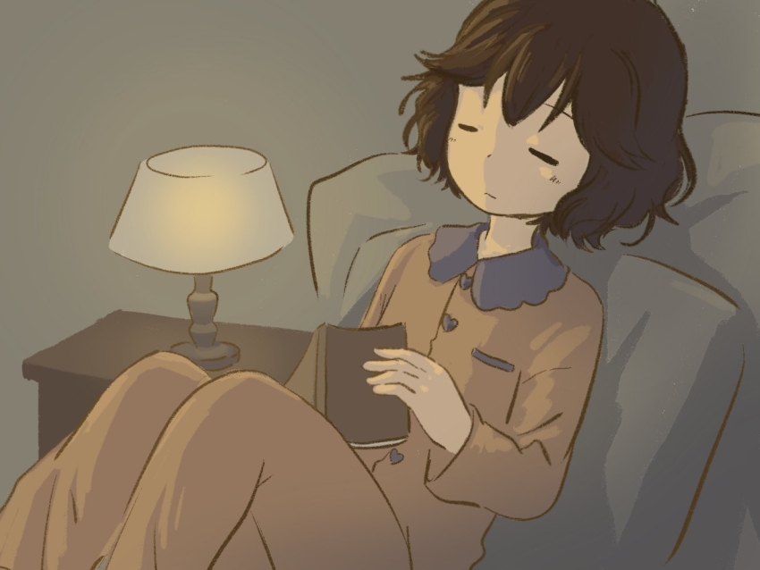 1other baila_kuangzi book brown_hair buttons closed_eyes closed_mouth collared_shirt green_background heart_button holding holding_book indoors kuzu_suzumi lamp len&#039;en long_sleeves nightstand orange_pajamas orange_pants orange_shirt other_focus pajamas pants shirt short_hair sleeping solo