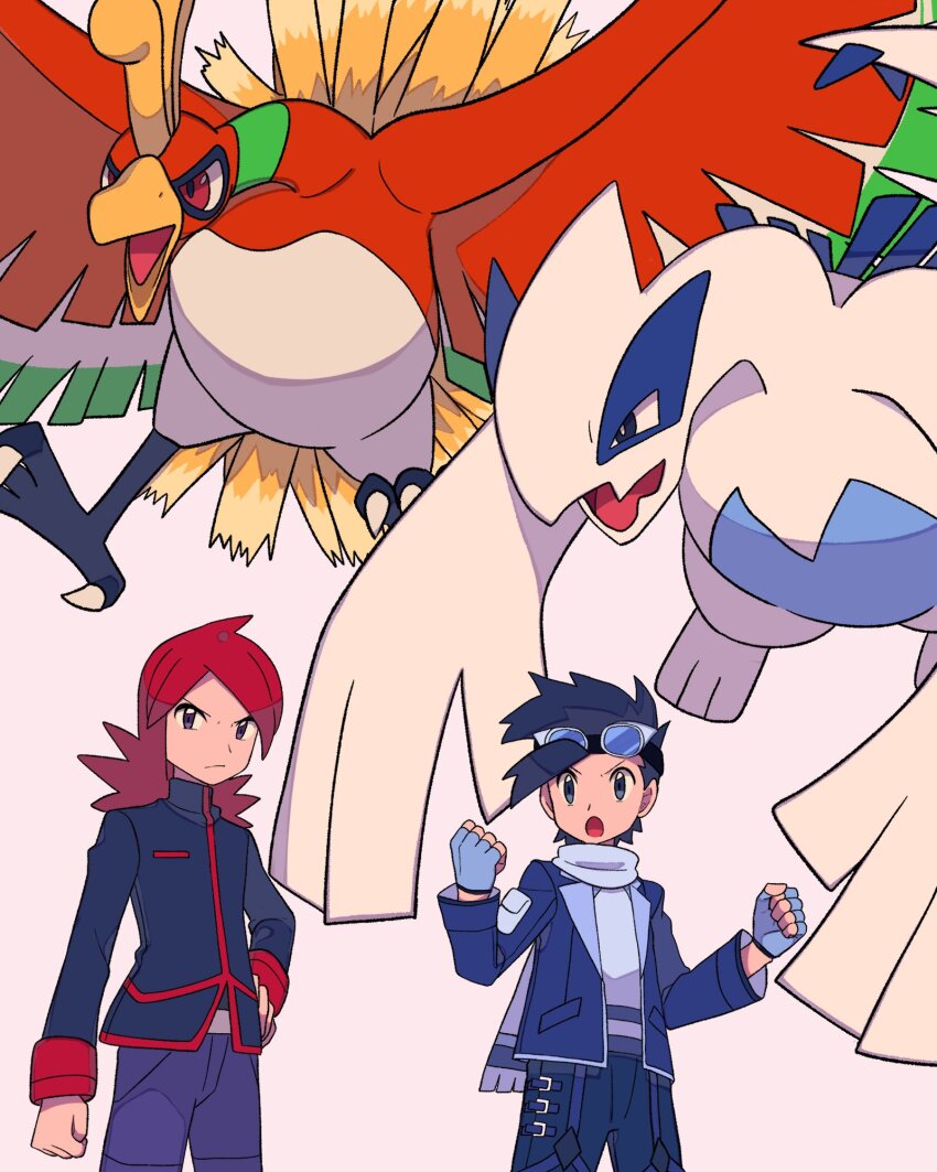 2boys black_hair blue_jacket clenched_hands closed_mouth commentary_request cowlick ethan_(pokemon) ethan_(sygna_suit)_(pokemon) fingerless_gloves frown gen_2_pokemon gloves goggles goggles_on_head grey_background grey_gloves hand_on_own_hip highres ho-oh jacket legendary_pokemon long_hair long_sleeves lugia male_focus multiple_boys nintendo official_alternate_costume pants pokemon pokemon_(creature) pokemon_hgss pokemon_masters_ex purple_pants red_hair scarf shirt short_hair silver_(pokemon) tyako_089