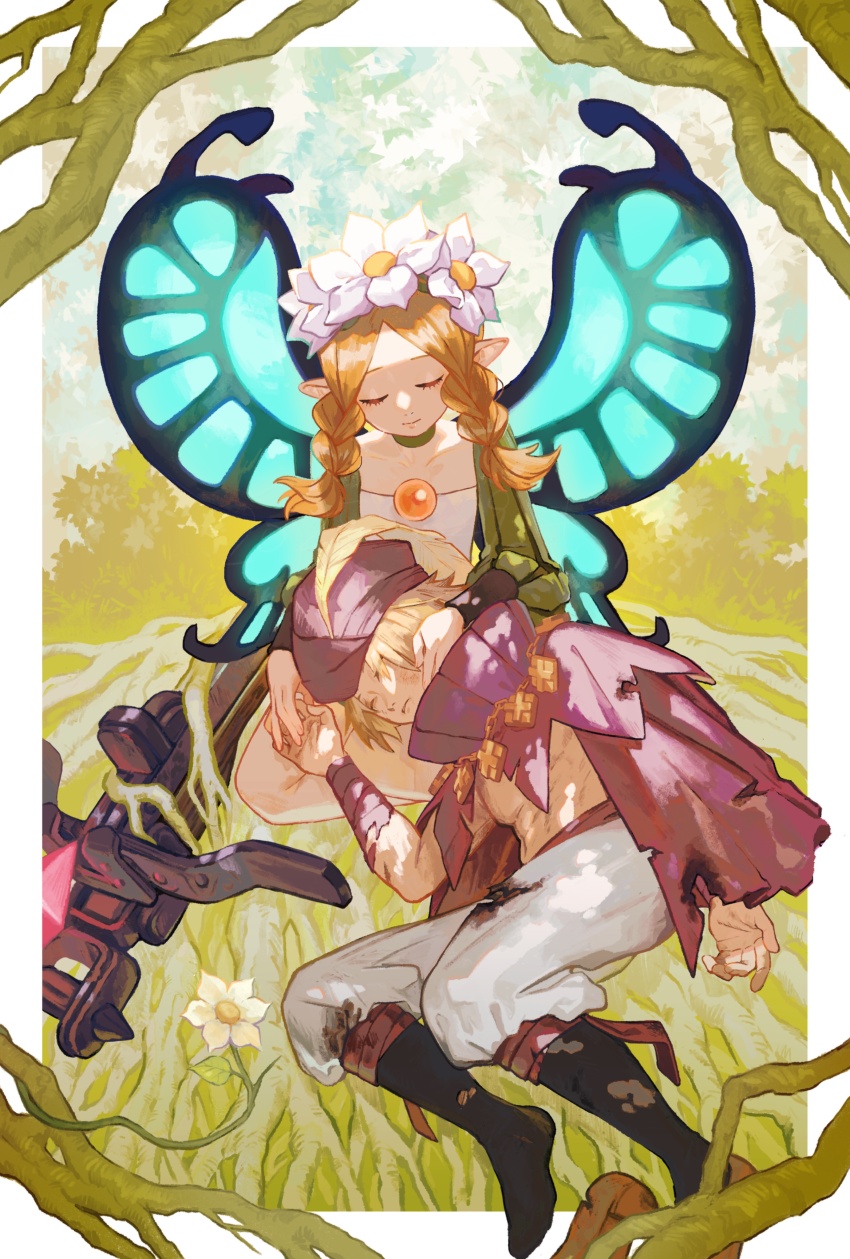 1boy 1girl absurdres baggy_pants blonde_hair blue_wings bow_(weapon) braid butterfly_wings closed_eyes collarbone crossbow eyelashes fairy fairy_wings flower flower_wreath hair_flower hair_ornament hand_on_another&#039;s_face hashtag-only_commentary hat hat_feather head_wreath highres holding_hands ingway_(odin_sphere) insect_wings lap_pillow long_hair lying mercedes_(odin_sphere) mossan351 odin_sphere on_grass on_side outdoors pants plant plant_roots pointy_ears puff_and_slash_sleeves puffy_sleeves seiza short_hair sitting twin_braids two-tone_wings vines weapon white_flower wings