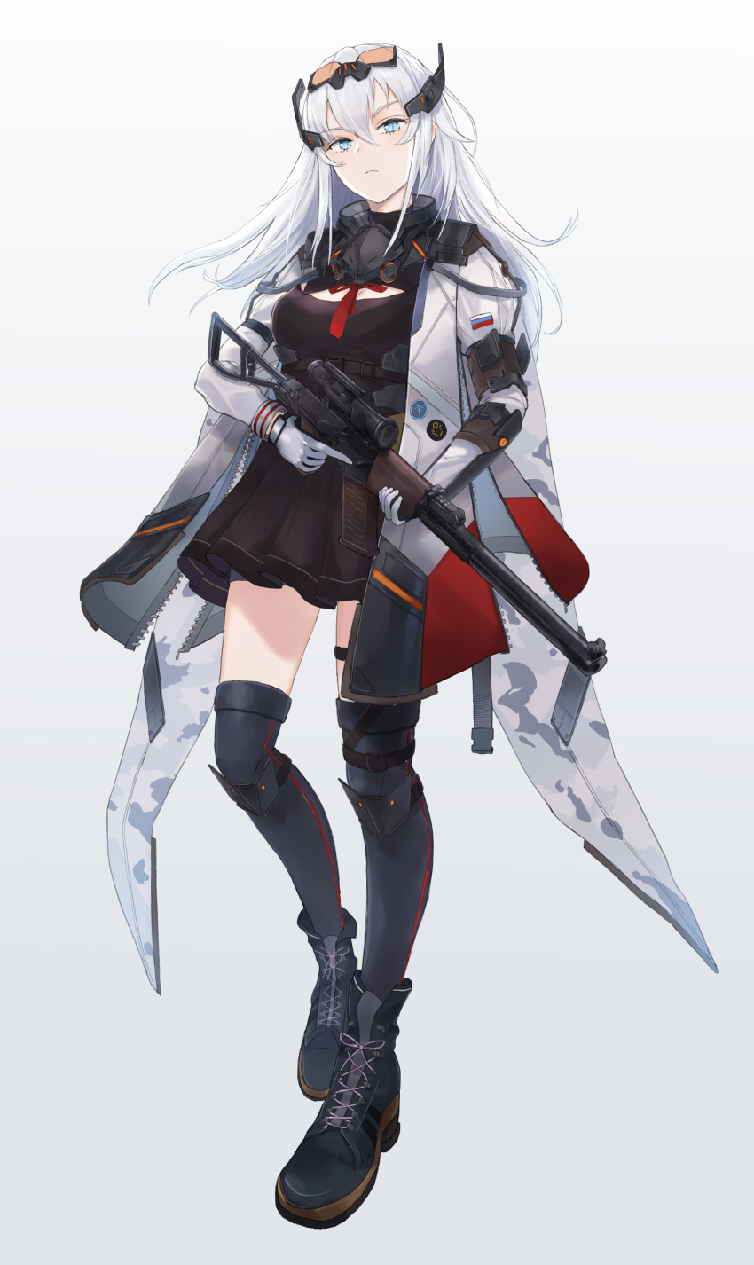 1girl absurdres arm_guards arm_strap armor as_val assault_rifle black_boots black_thighhighs blue_eyes boots breasts brown_dress camouflage_cape cape cleavage_cutout closed_mouth clothing_cutout coat dress expressionless eyewear_on_head female_focus floating_hair gas_mask gloves gradient_background gun hair_between_eyes headgear highres holding holding_gun holding_weapon integral_suppressor integrally-suppressed_firearm kachi kalashnikov_rifle knee_guards lace-up_boots large_breasts long_hair looking_at_viewer mask mask_around_neck neck_ribbon open_clothes open_coat original red_ribbon respirator ribbon rifle russian_flag sidelocks silver_hair solo suppressor thigh_strap thighhighs toz_(tulsky_oruzheiny_zavod) trigger_discipline tsniitochmash tula_arms_plant unzipped visor weapon wind zipper